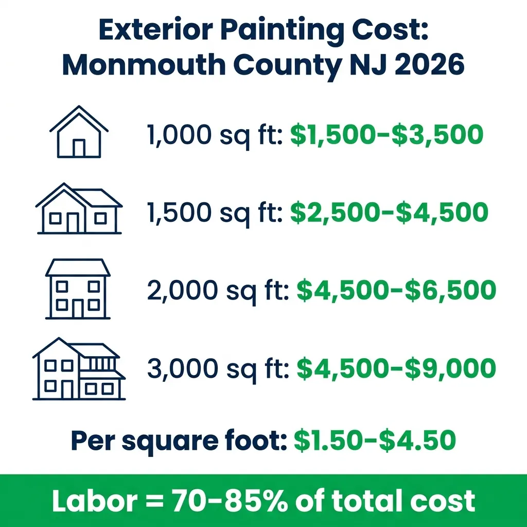 Infographic: exterior painting cost by home size, Monmouth County NJ 2026