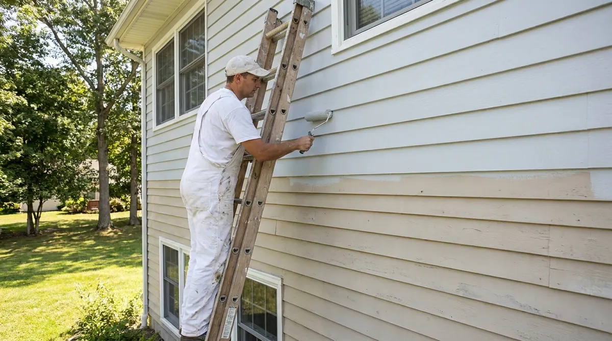 Professional painter rolling fresh paint on a NJ home exterior