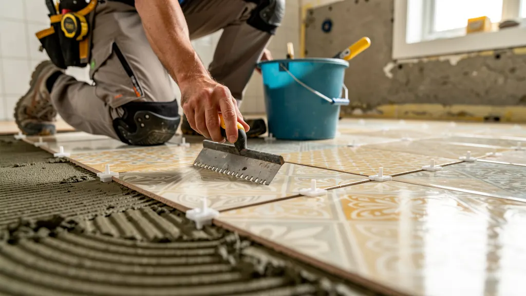 Contractor setting ceramic floor tiles during NJ bathroom renovation