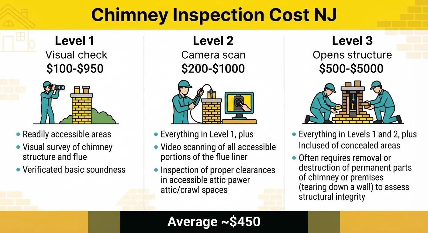 Chimney inspection cost by level — Level 1, 2 and 3 price ranges for NJ homes