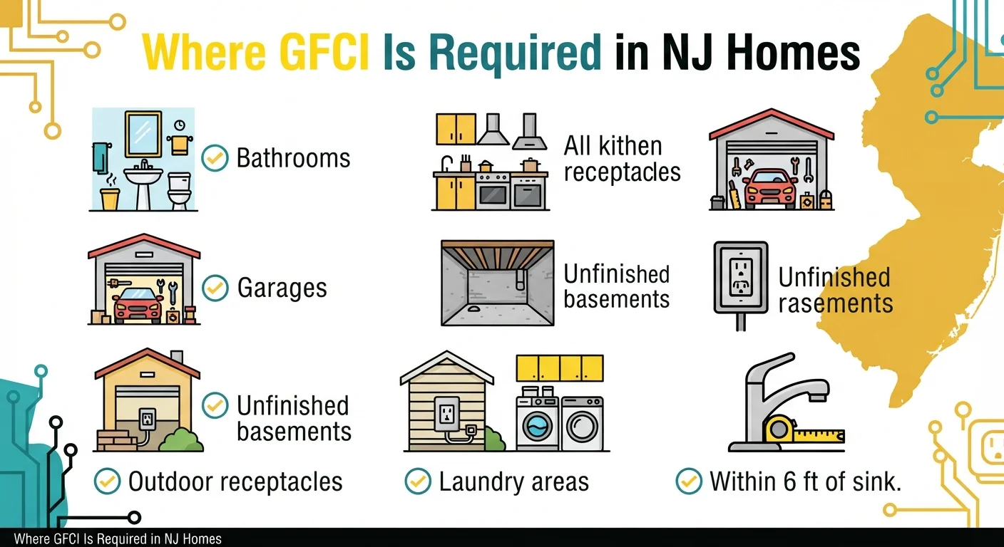 Where GFCI protection is required in New Jersey homes — kitchen, bath, garage and outdoor checklist