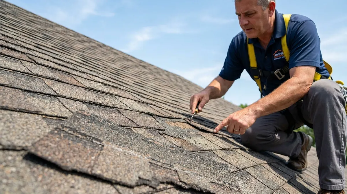 Roofer inspecting weathered asphalt shingles on a NJ home