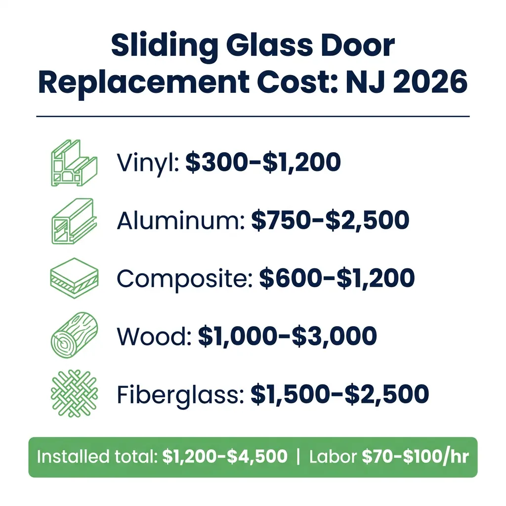 Infographic: sliding glass door replacement cost by frame, NJ 2026