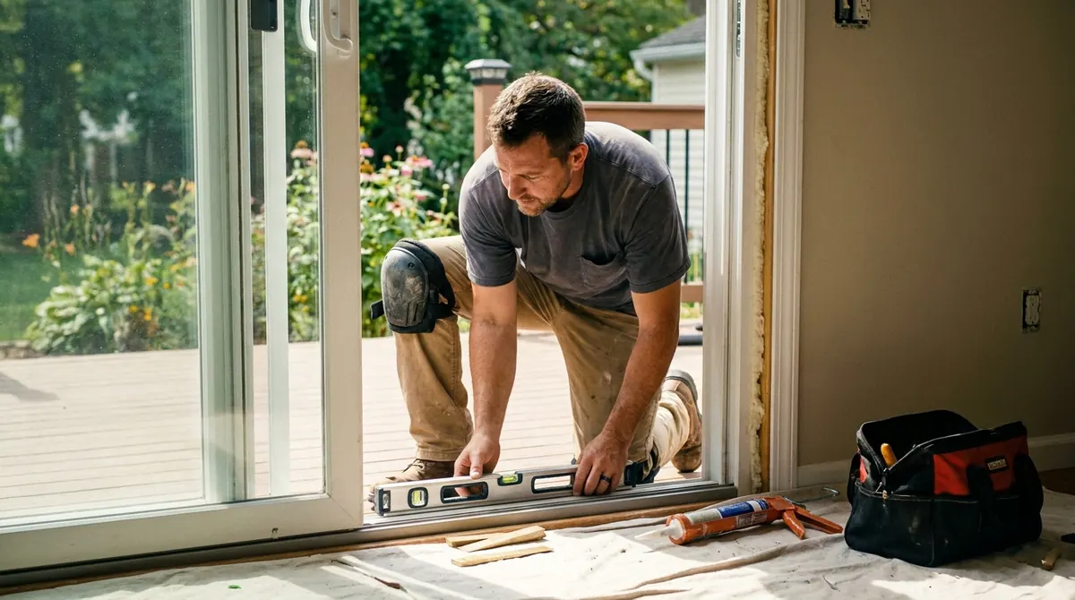 Installer fitting a new sliding glass door in a NJ home