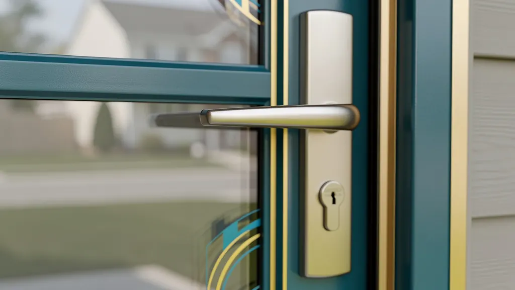 Close-up of storm door handle and glass frame detail