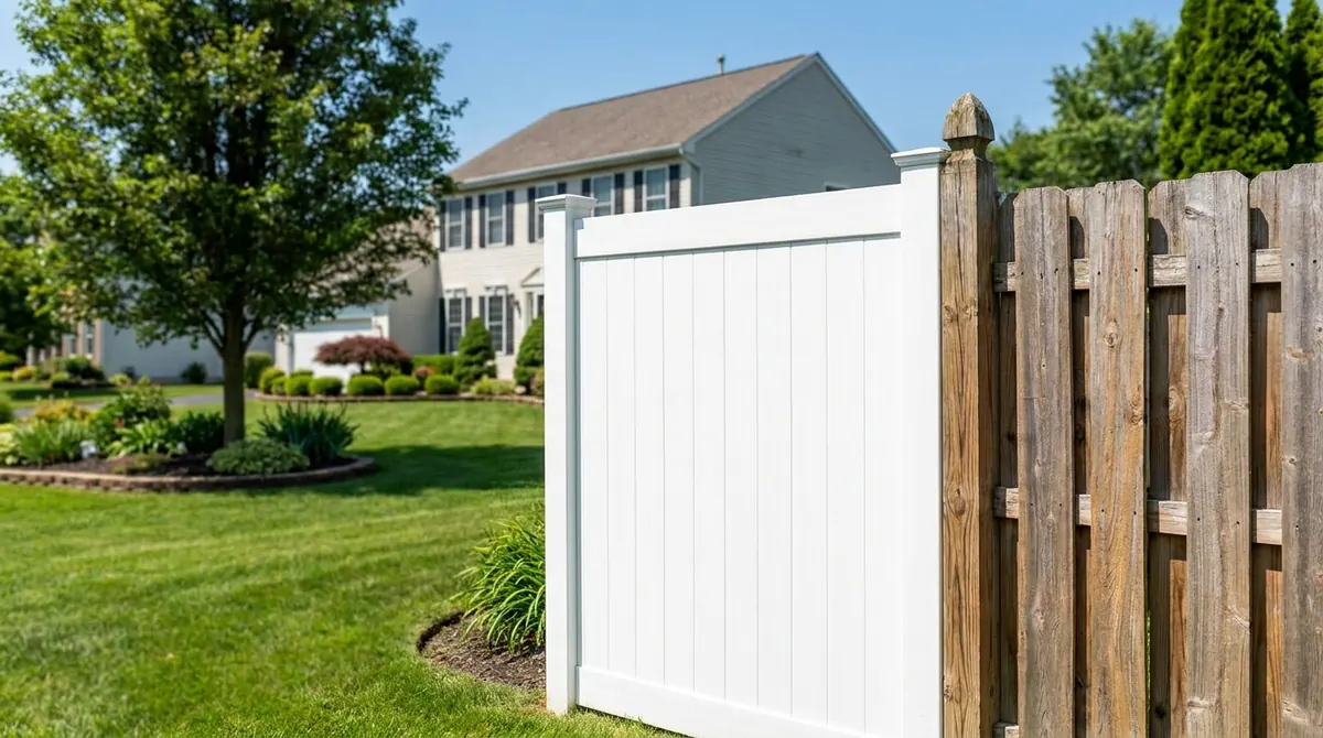 White vinyl privacy fence beside a wood fence in a NJ backyard