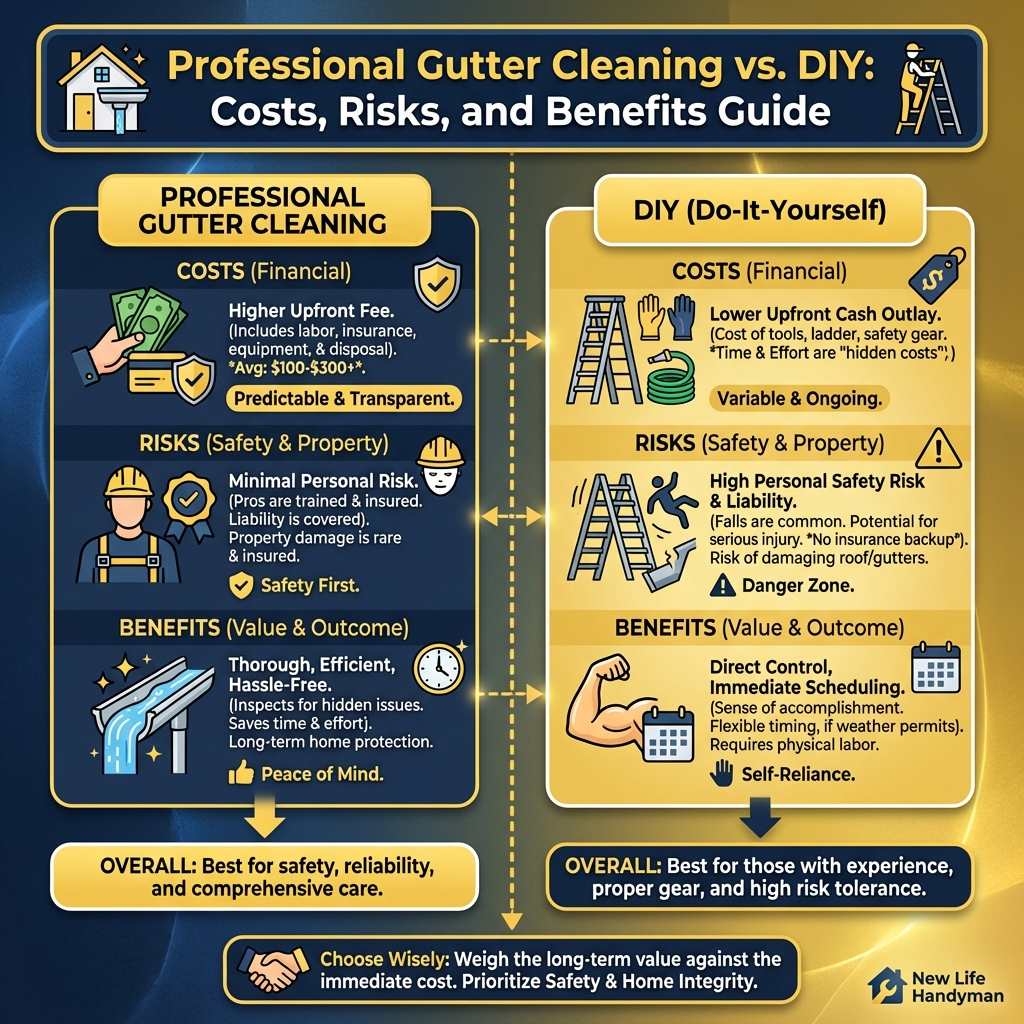 Professional Gutter Cleaning vs. DIY: Costs, Risks, and Benefits Infographic