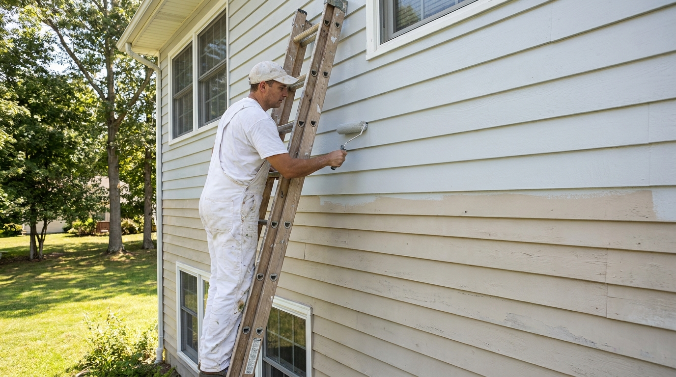 Professional painter rolling fresh paint on a NJ home exterior
